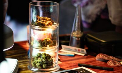 Cannabis flower in glass display jars on a dispensary counter