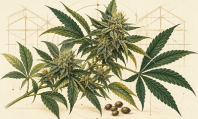 Botanical illustration of cannabis flowers, green leaves and seeds against an ivory background with greenhouse outlines.