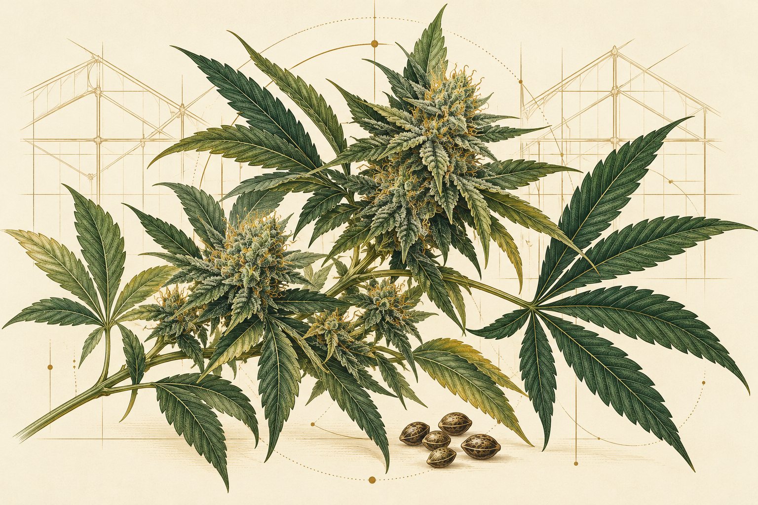 Botanical illustration of cannabis flowers, green leaves and seeds against an ivory background with greenhouse outlines.