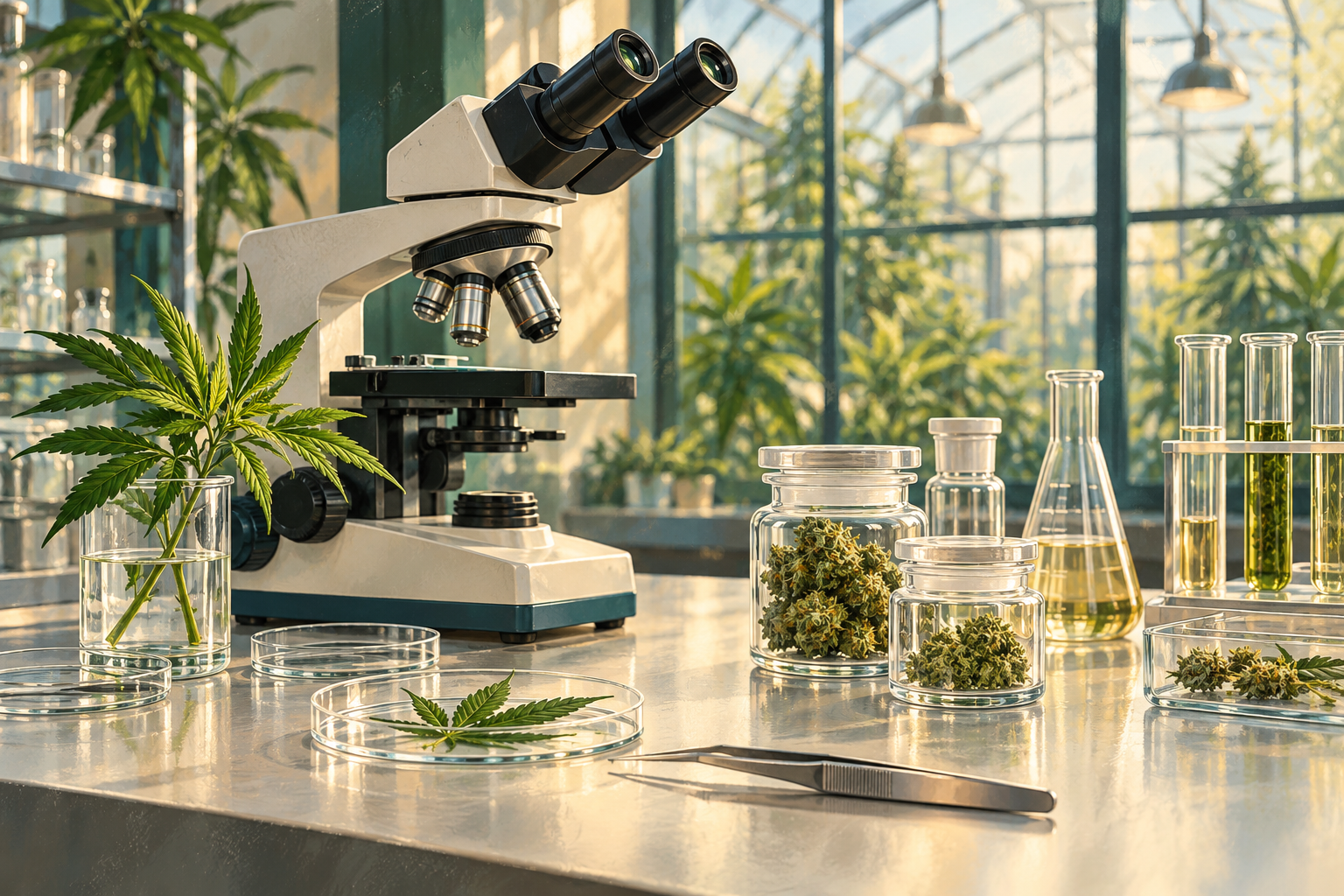 Editorial illustration of a microscope, glass sample containers and cannabis specimens in a laboratory.