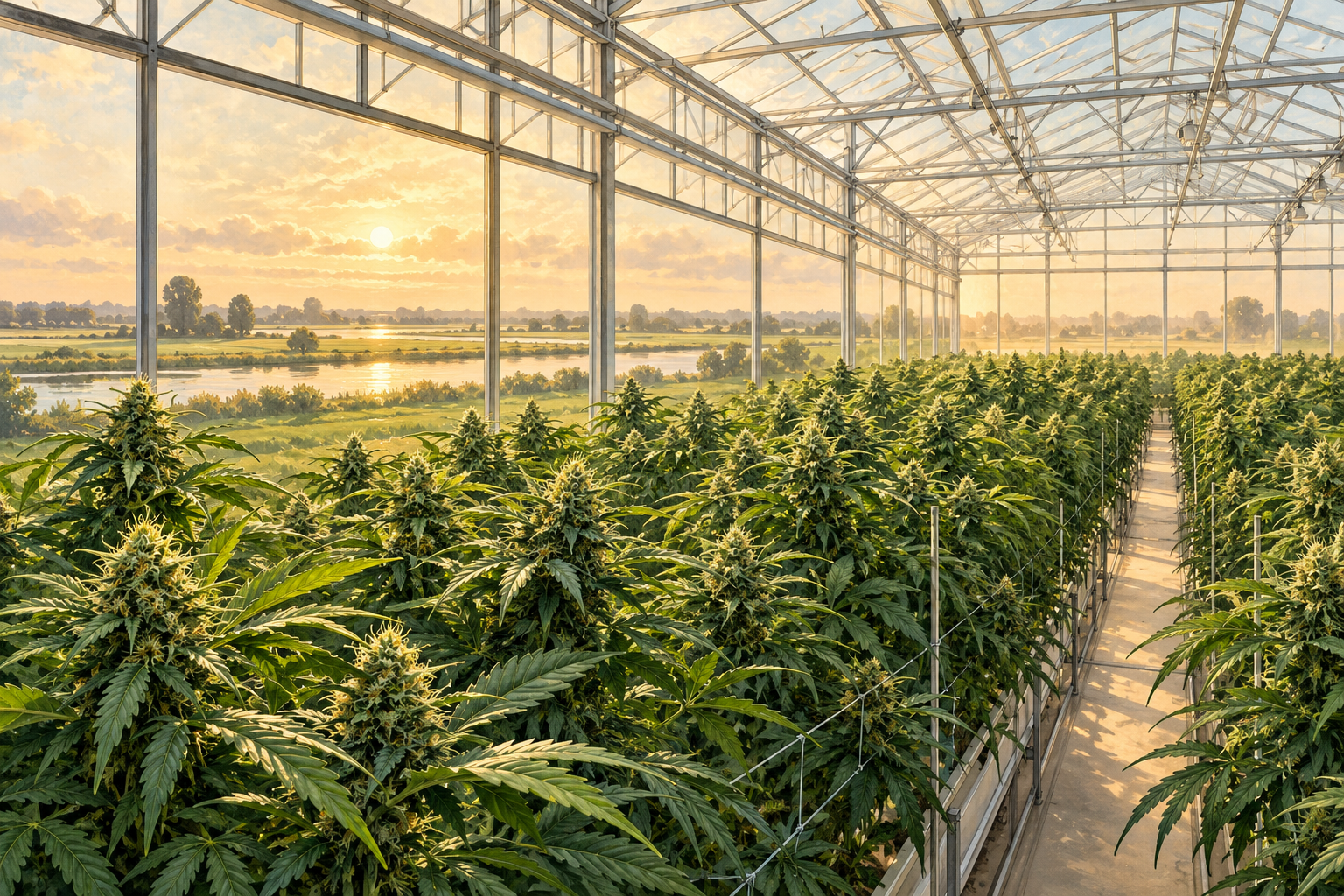 Editorial illustration of cannabis plants growing inside a sunlit greenhouse.