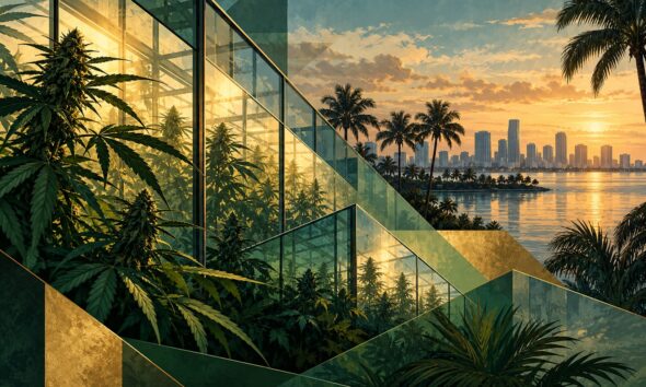 Conceptual illustration of cannabis greenhouse panels, palms and a distant Florida skyline.