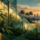 Conceptual illustration of cannabis greenhouse panels, palms and a distant Florida skyline.