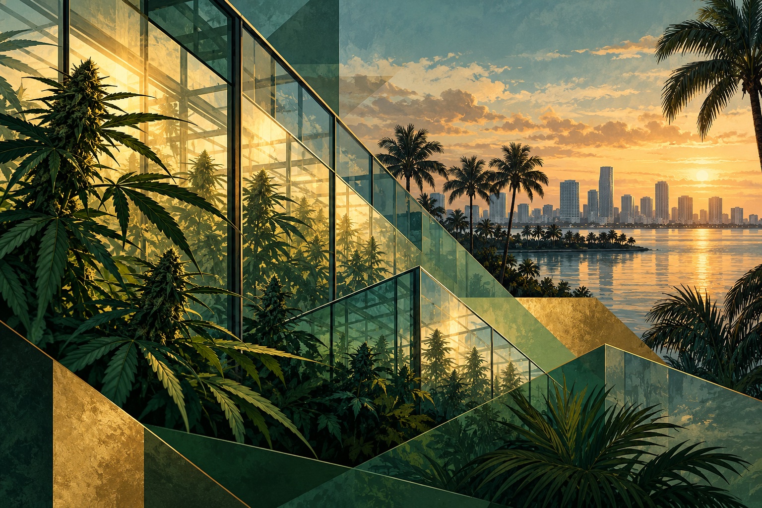 Conceptual illustration of cannabis greenhouse panels, palms and a distant Florida skyline.