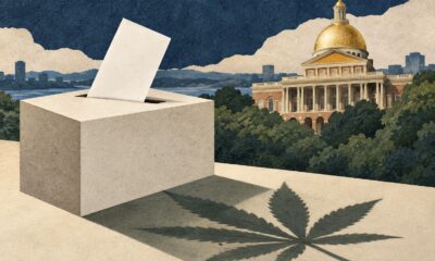 Neutral illustration of a ballot box, cannabis leaf shadow and Massachusetts State House motif.