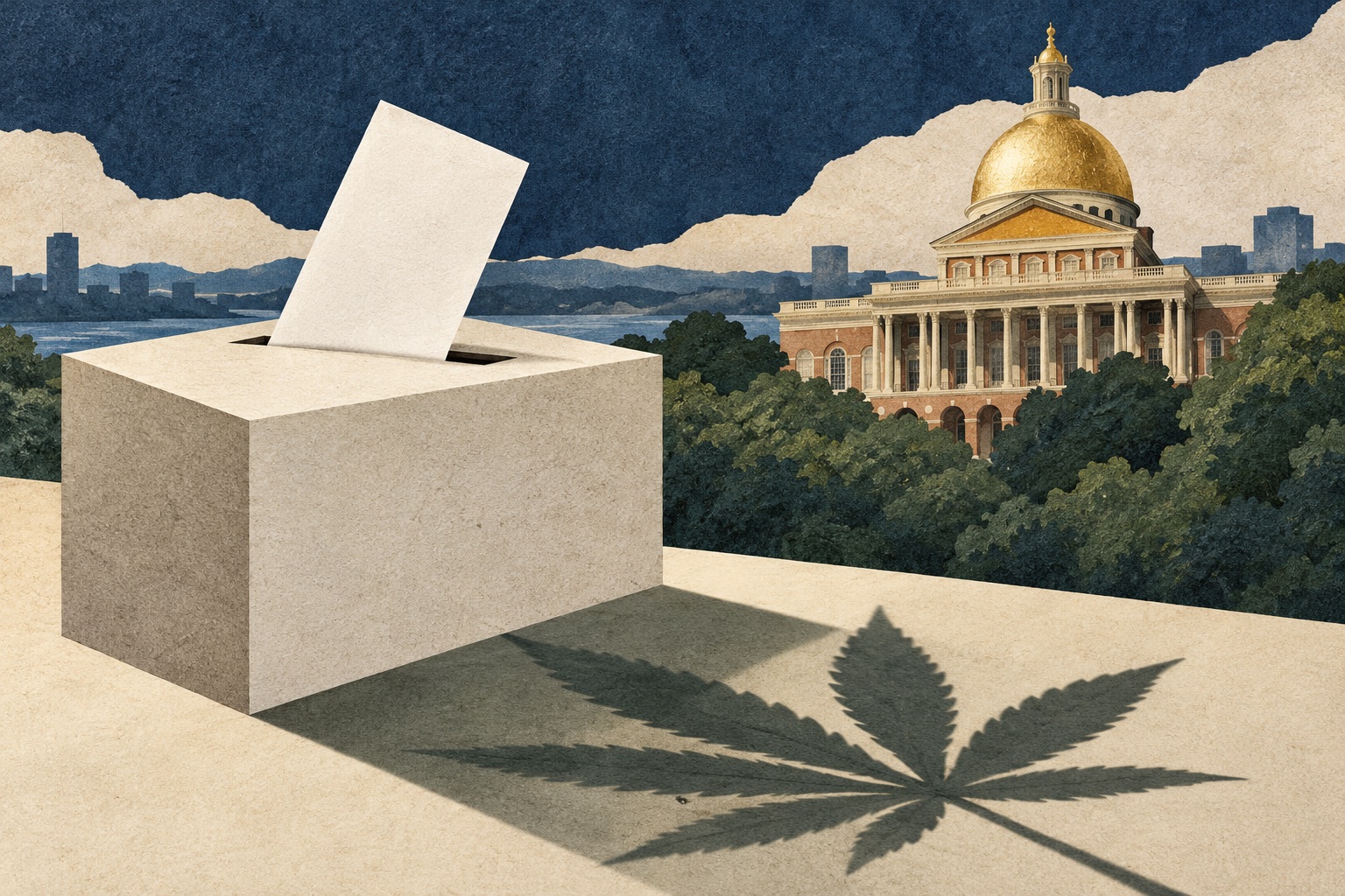 Neutral illustration of a ballot box, cannabis leaf shadow and Massachusetts State House motif.