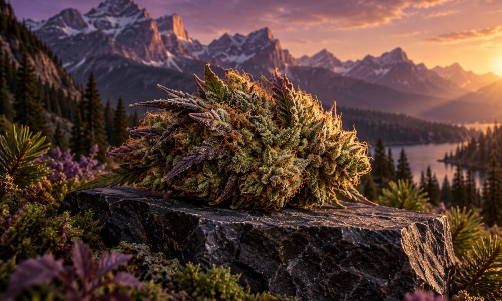 Conceptual cannabis flower illustration against a mountain landscape.