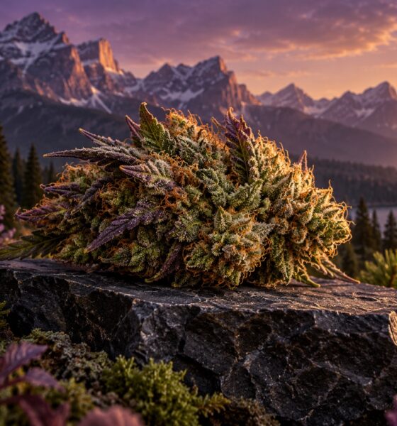 Conceptual cannabis flower illustration against a mountain landscape.