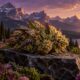 Conceptual cannabis flower illustration against a mountain landscape.