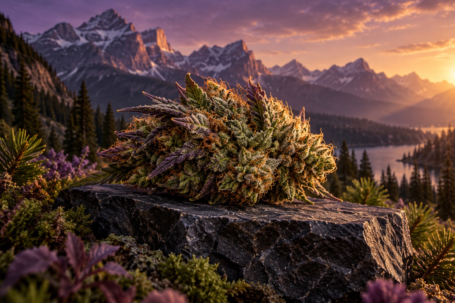 Conceptual cannabis flower illustration against a mountain landscape.