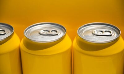 Unbranded yellow beverage cans with silver pull tabs