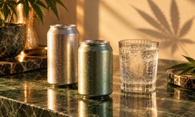 Illustration of unbranded beverage cans and sparkling water with a cannabis leaf shadow.