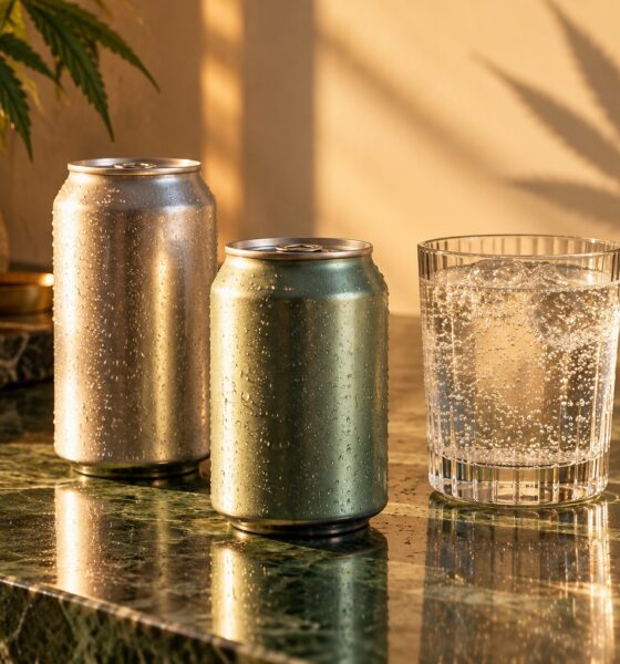 Illustration of unbranded beverage cans and sparkling water with a cannabis leaf shadow.