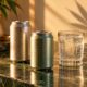 Illustration of unbranded beverage cans and sparkling water with a cannabis leaf shadow.