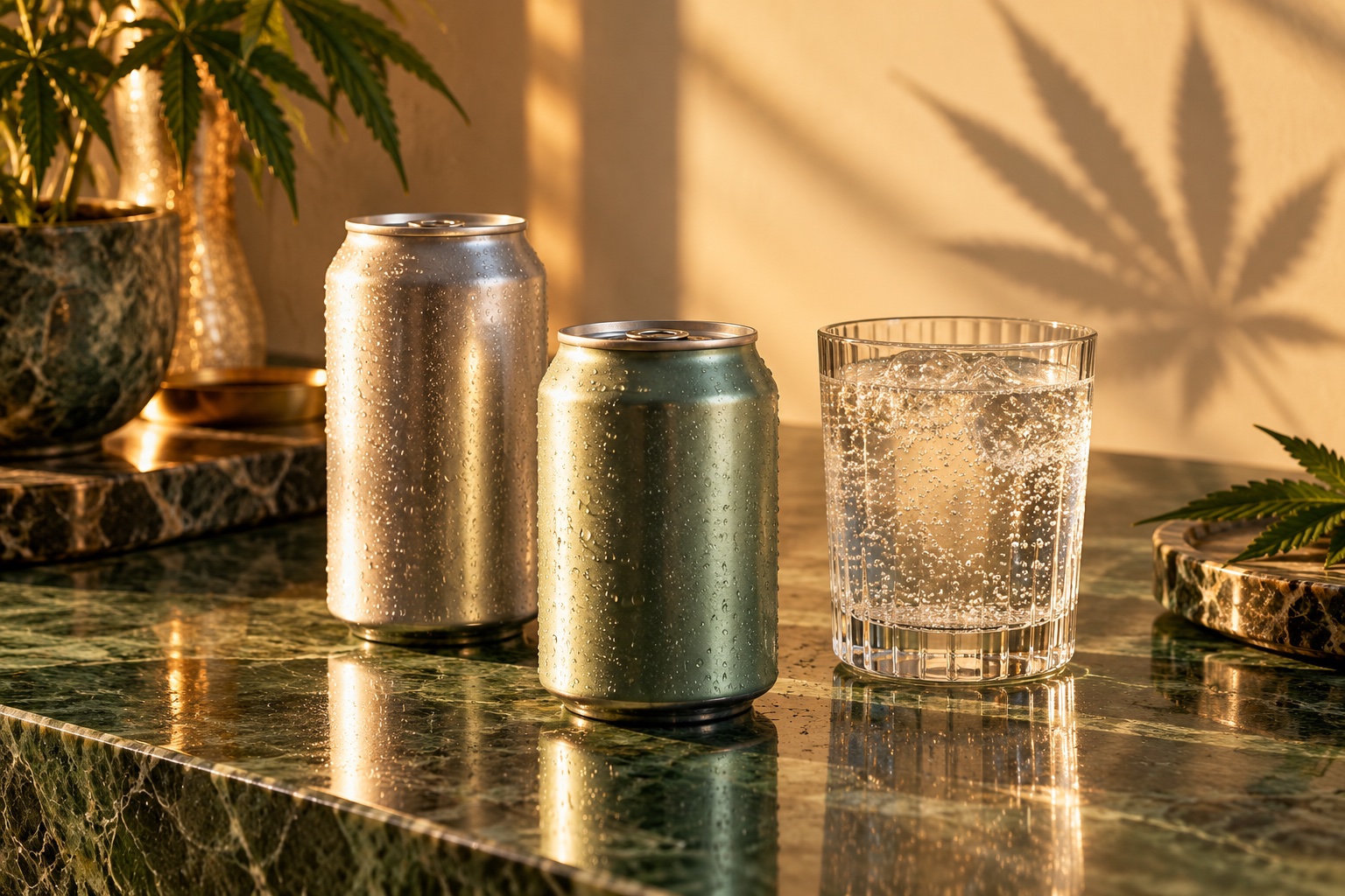 Illustration of unbranded beverage cans and sparkling water with a cannabis leaf shadow.