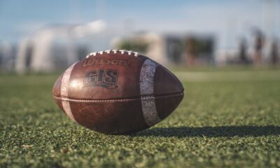 Brown Wilson football resting on green grass