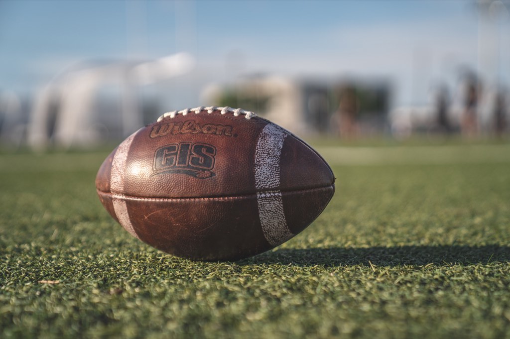 Brown Wilson football resting on green grass