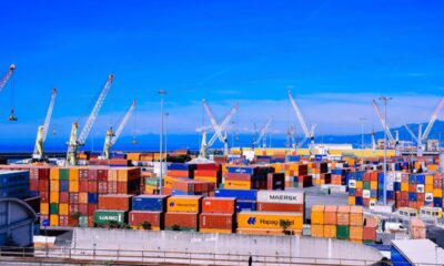 Shipping containers and cranes at a commercial port