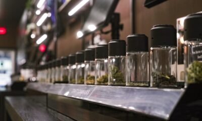 Glass display jars containing cannabis flower in a retail setting