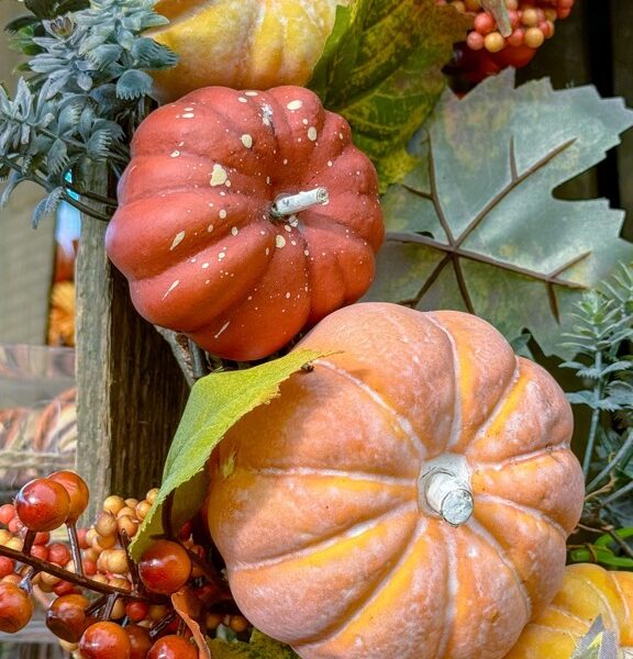 Orange pumpkins and colorful autumn leaves in a seasonal display