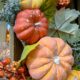Orange pumpkins and colorful autumn leaves in a seasonal display